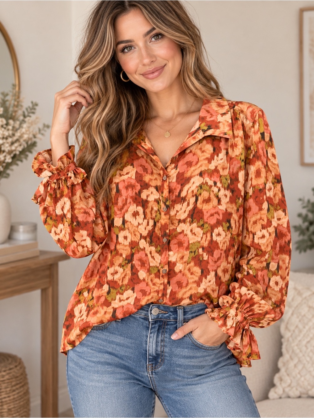 Vince Camuto Rust Multi Floral Button-Down Blouse